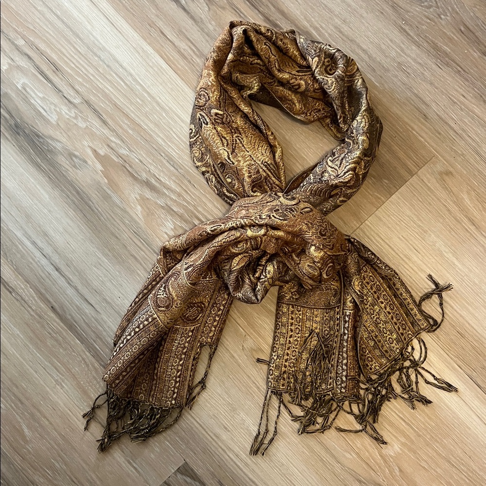 Beautiful Reversible Brown Scarf with Gold Accents